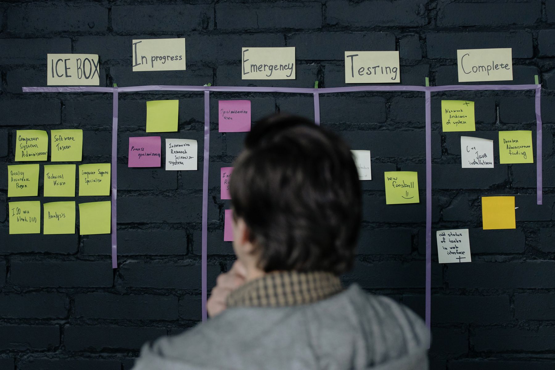 Scrum-Verantwortlicher prüft Aufgaben auf dem Sprint-Board während der Scrum-Beratung